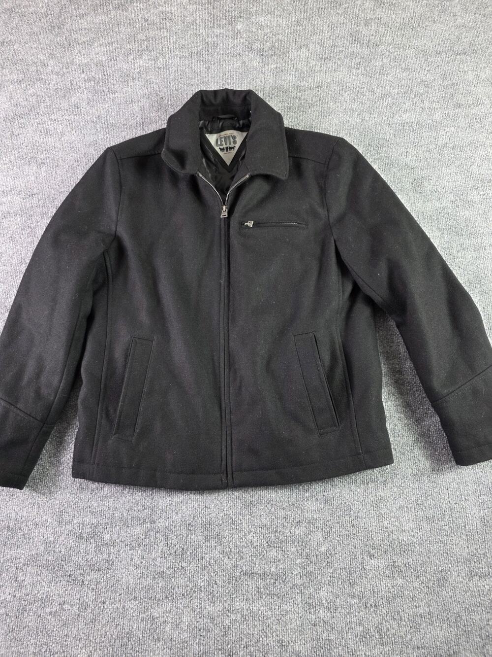 Levi's Black Wool Blend Coat Heavy Duty Overcoat Size Medium Jacket Zip Up